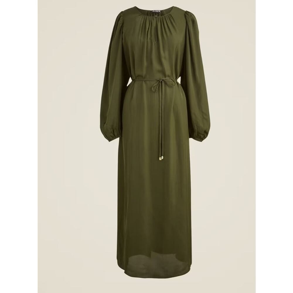 J.Crew Olive Green Drapey Tie Waist Midi Dress Long Sleeve Small